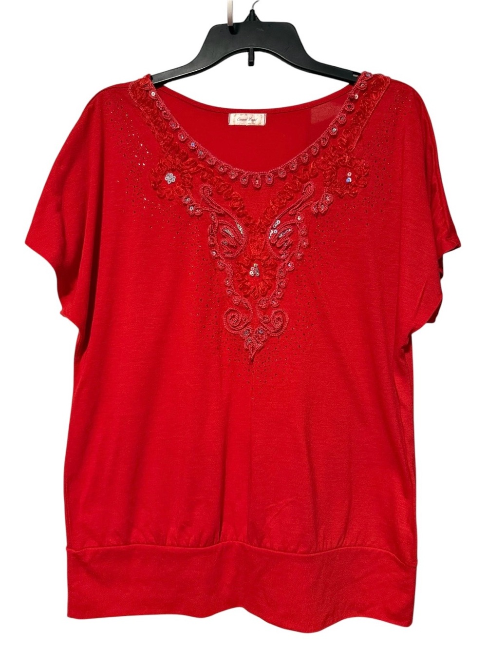 Red Embellished V-Neck Women’s Blouse